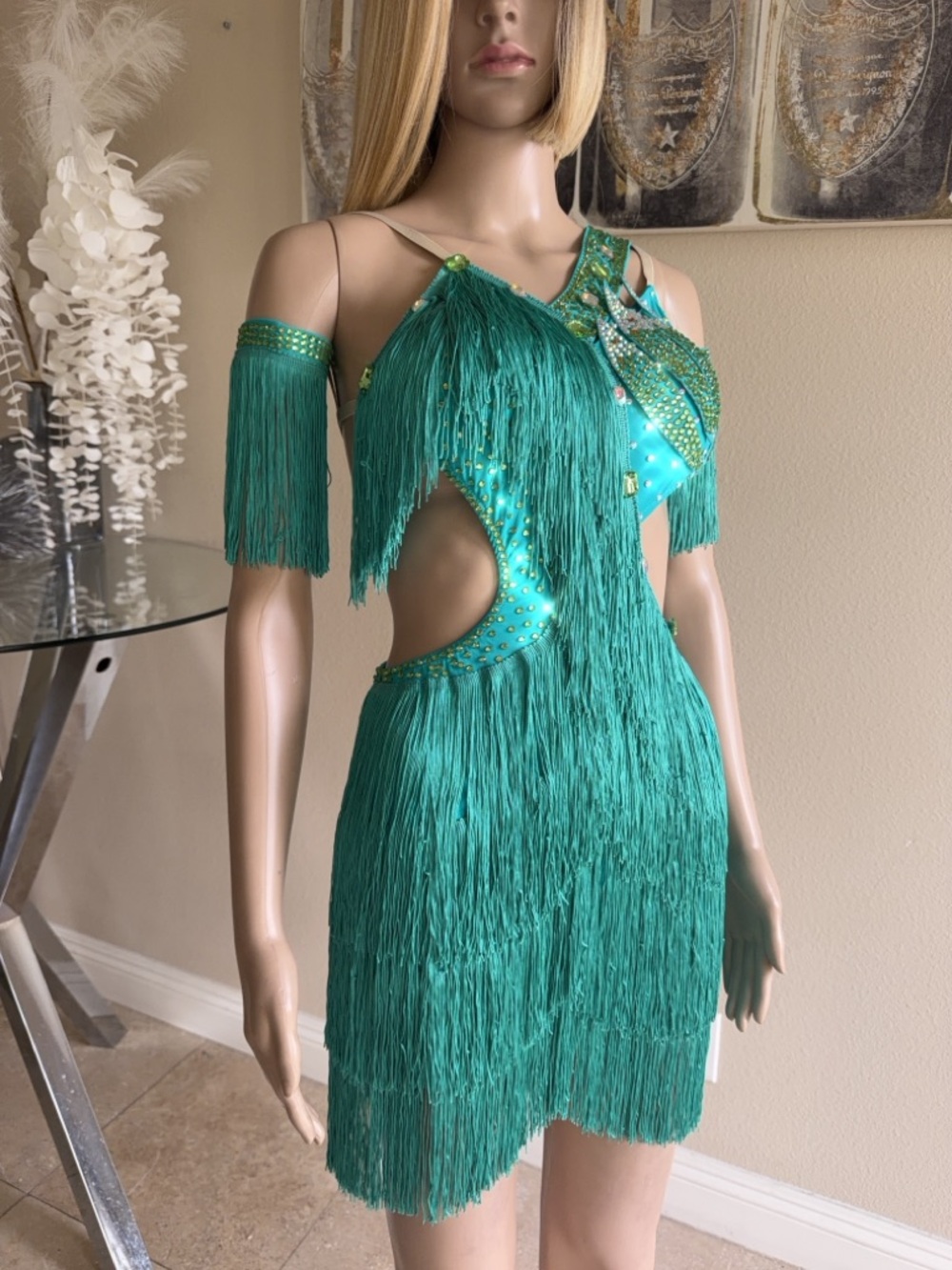Green Fringe Cutout Latin Dance Dress